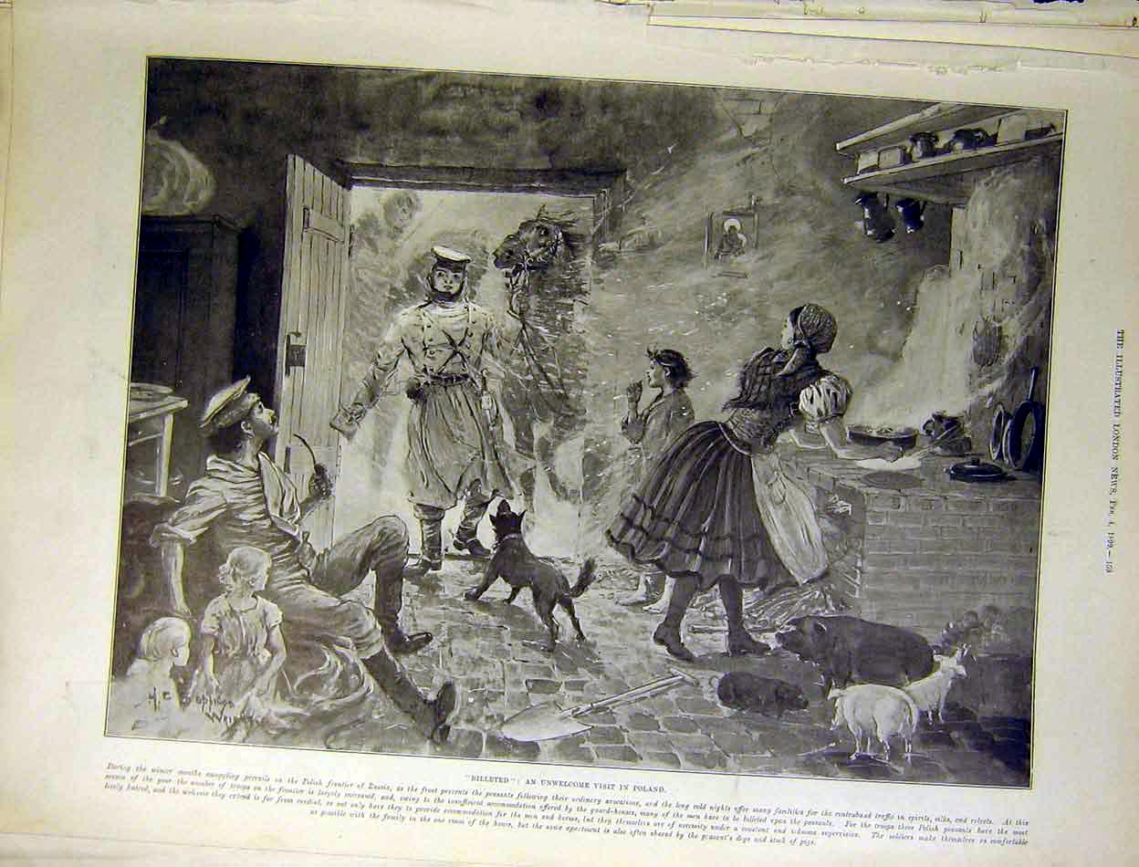 Original Old Antique Print Billeted Poland Polish Frontier Russia Peasants 1899