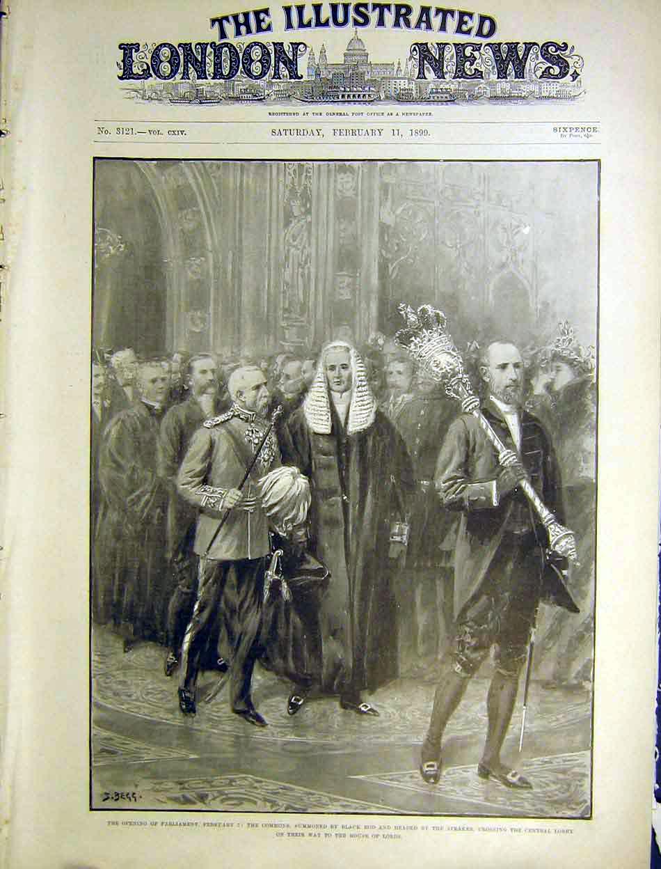 Original Old Antique Print Parliament Commons Black Rod Speaker House Lords 1899