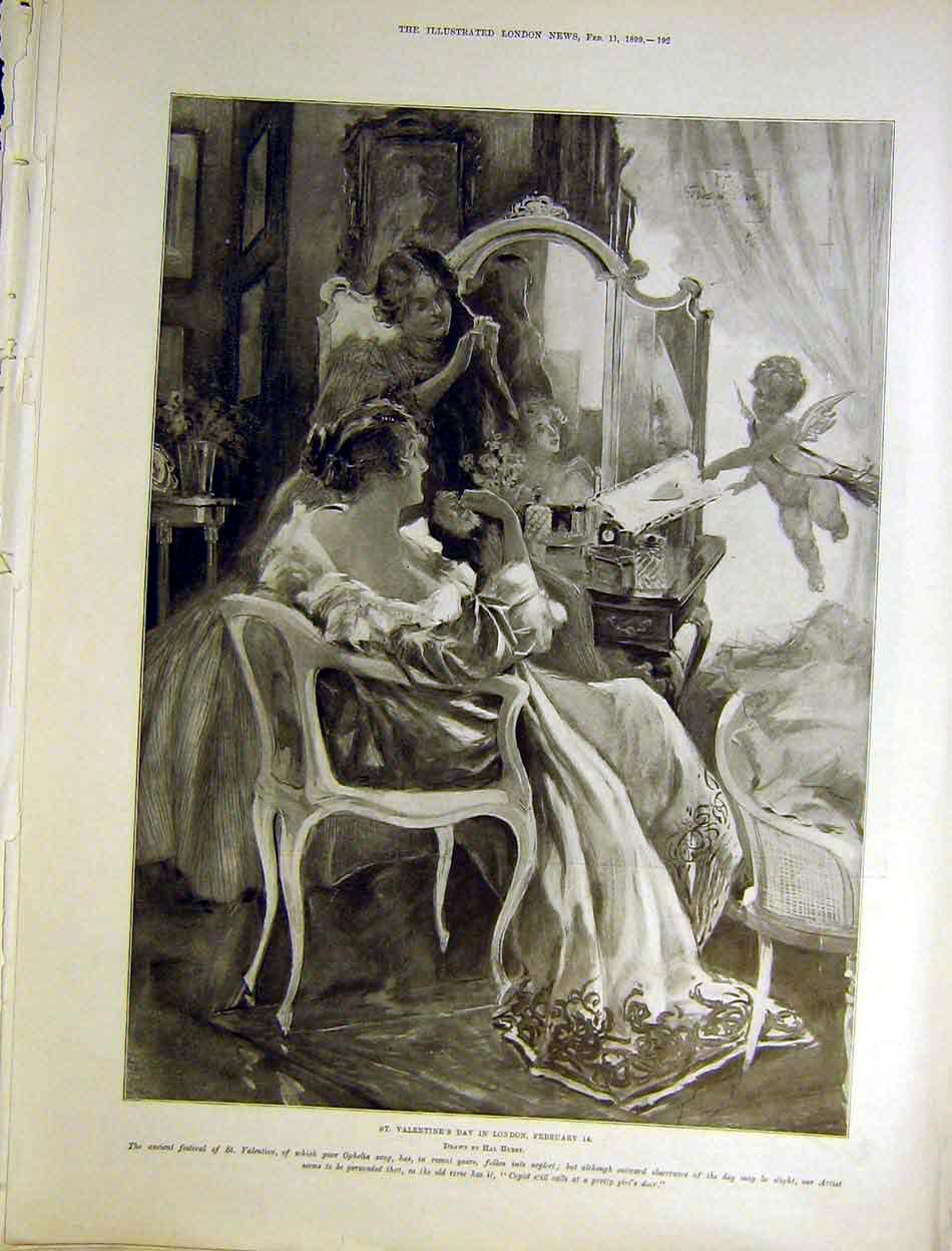 Original Old Antique Print Valentine'S Day London Hurst Cupid Fine Art 1899 19th