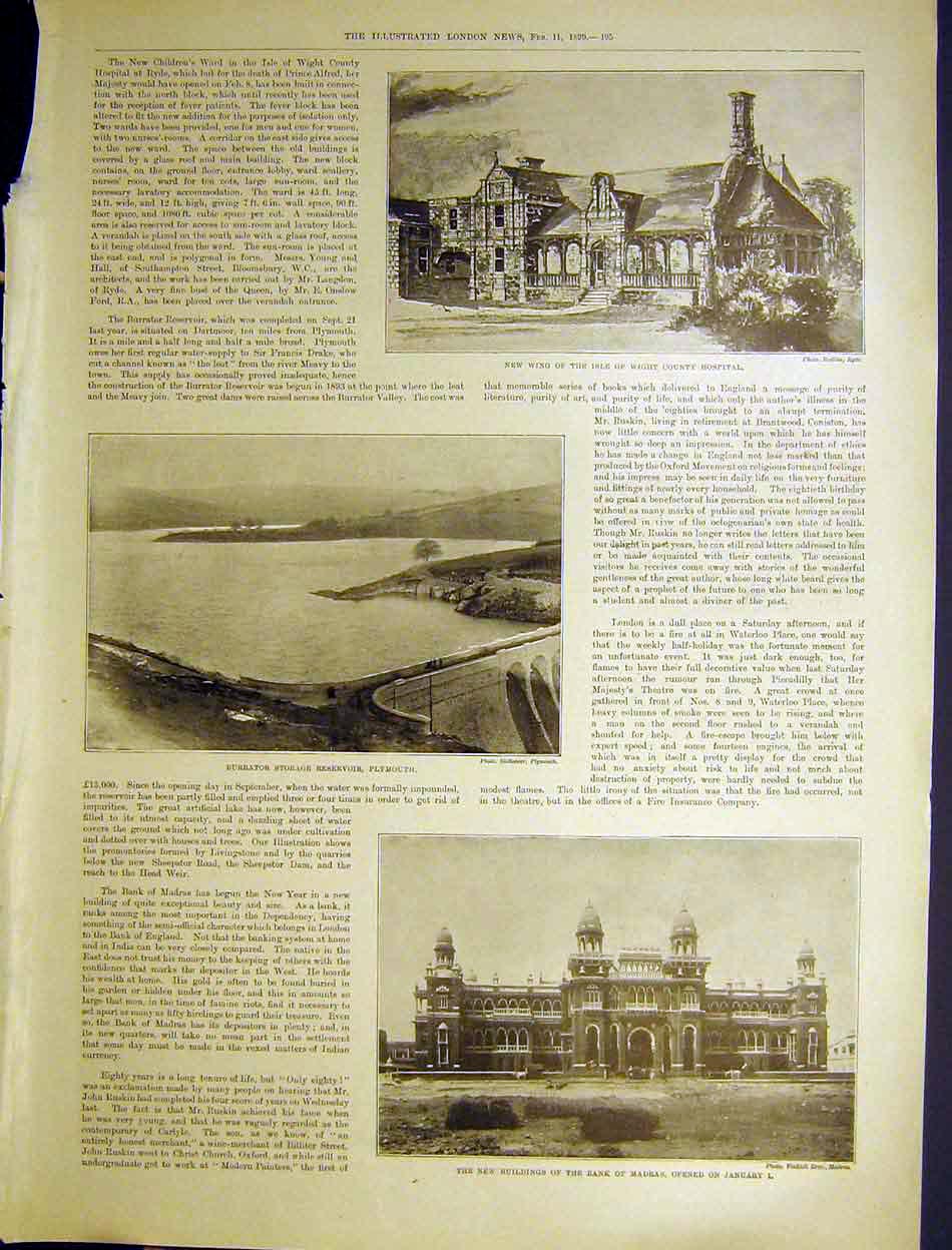 Old Antique Print Isle Wight Hospital Resevoir Plymouth Bank Madras 1899 19th
