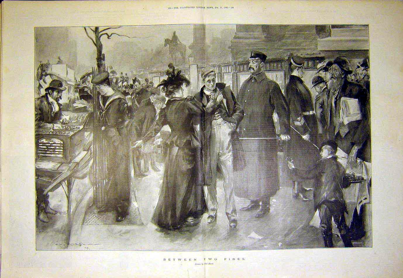 Original Old Antique Print Hurst Fine Art 1899 Between Two Fires Street Scene