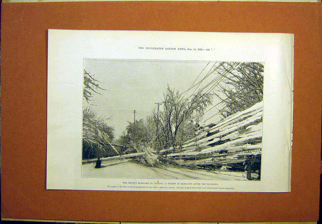 Original Old Antique Print Canada Blizzard Hamilton Street 1899 19th