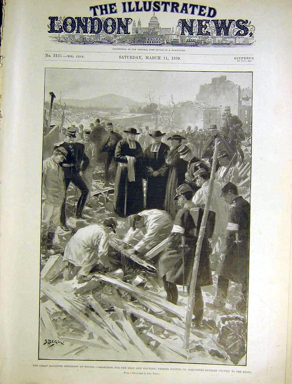 Original Old Antique Print Toulon Magazine Explosion Priests Begg 1899 Victorian