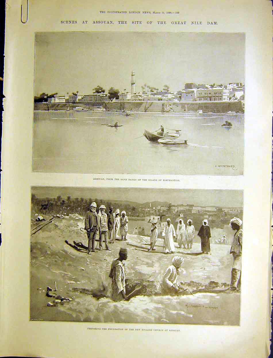Original Old Antique Print Assouan Nile Dam Duke Connaught Royal Train 1899