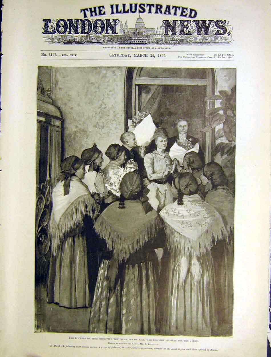 Original Old Antique Print Fishwives Nice Flowers Queen Duchess York Forestier