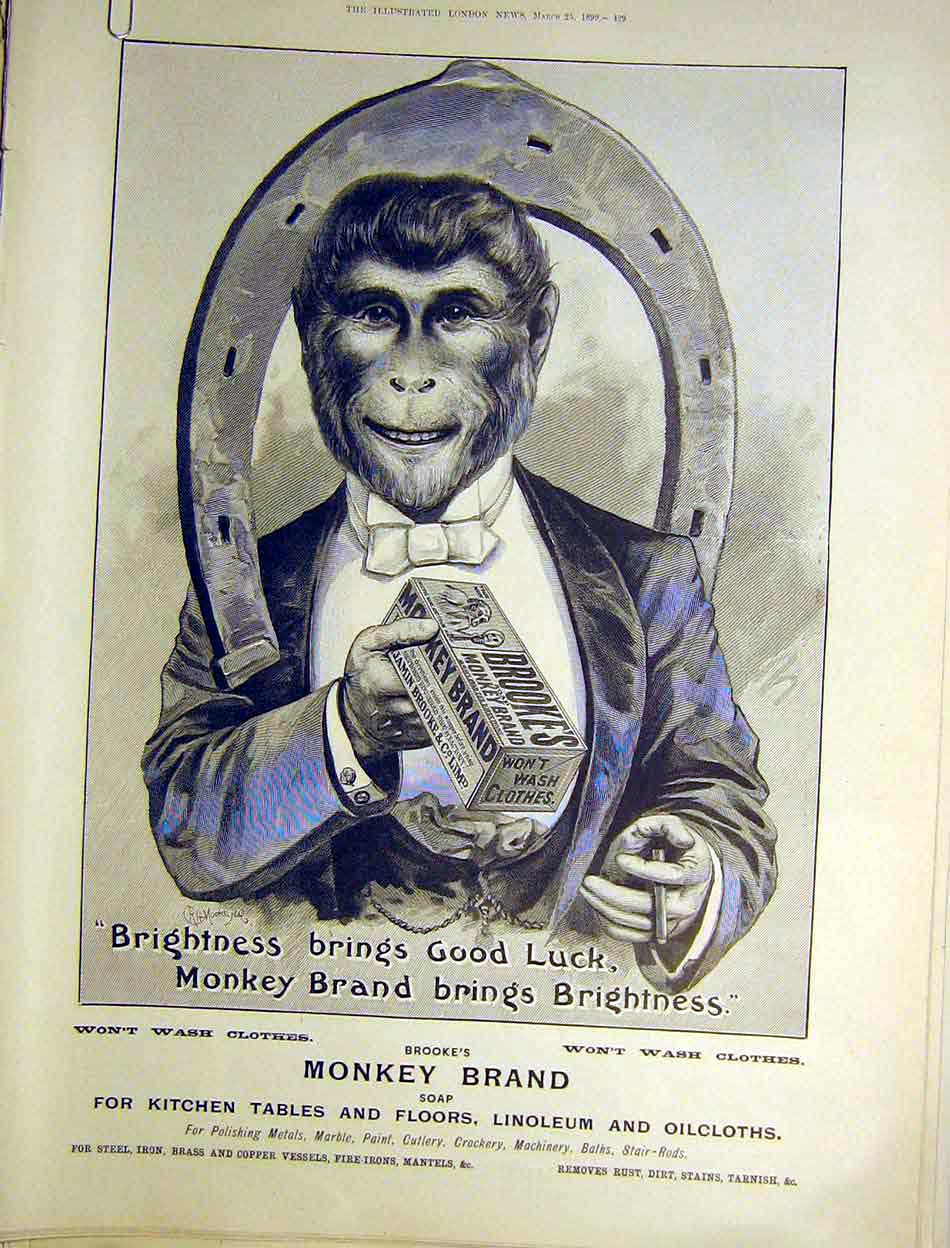 Original Old Antique Print Monkey Brand Soap Advert Horse Shoe Polish 1899 19th