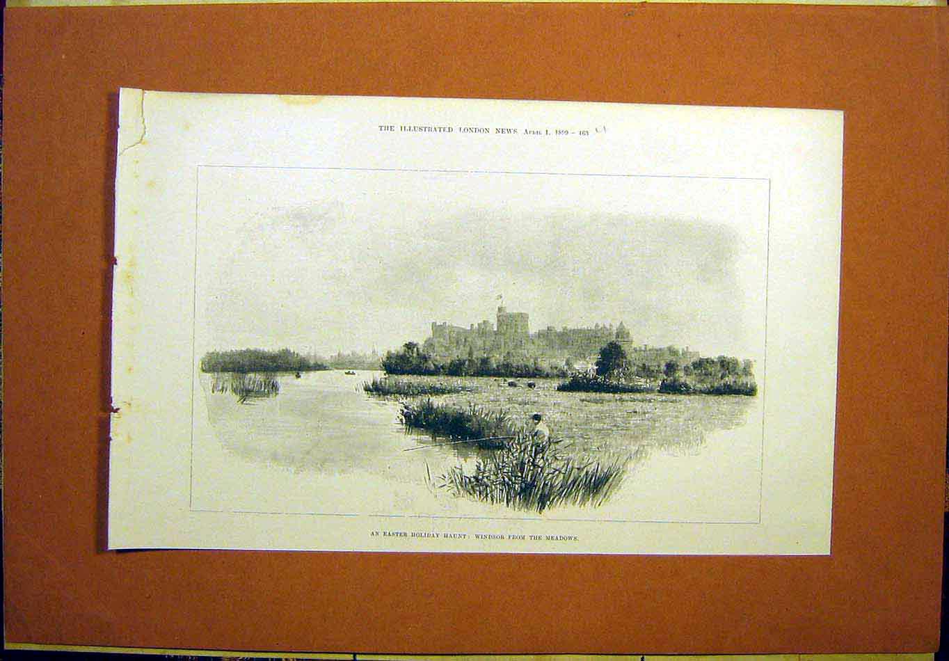Original Old Antique Print Easter Holiday Haunt Windsor Castle Meadows 1899