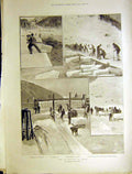 Original Old Antique Print Ice Harvest Davos Dorf Station Lake Sleighs 1899 19th