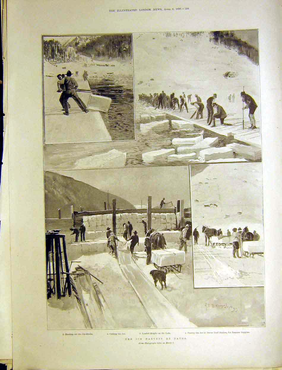 Original Old Antique Print Ice Harvest Davos Dorf Station Lake Sleighs 1899 19th