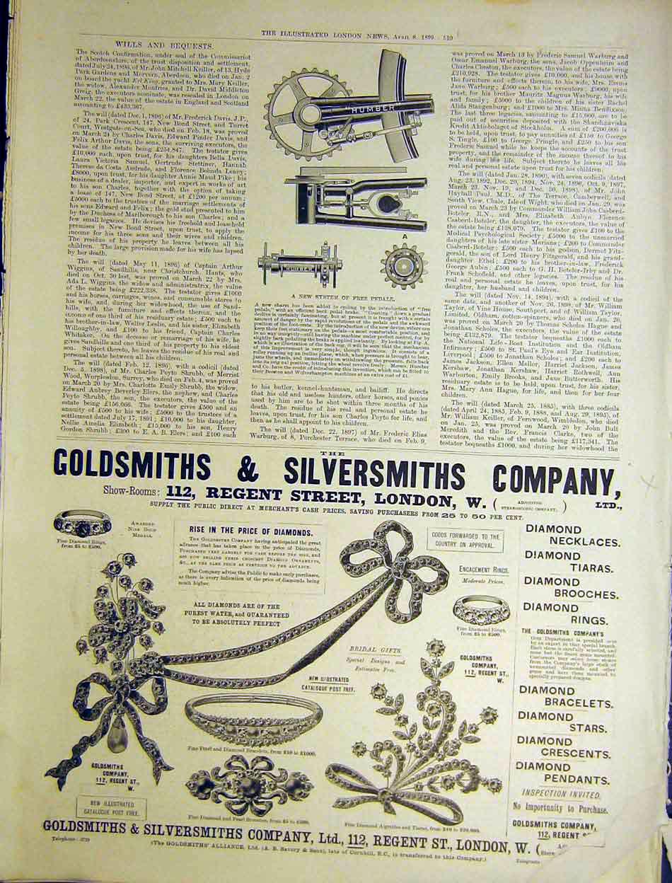 Original Old Antique Print Bicycle Pedals Cycling Humber Gsmiths 1899 Victorian