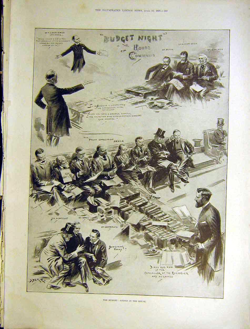Original Old Antique Print Budget House Commons Lords Parliament 1899 Victorian