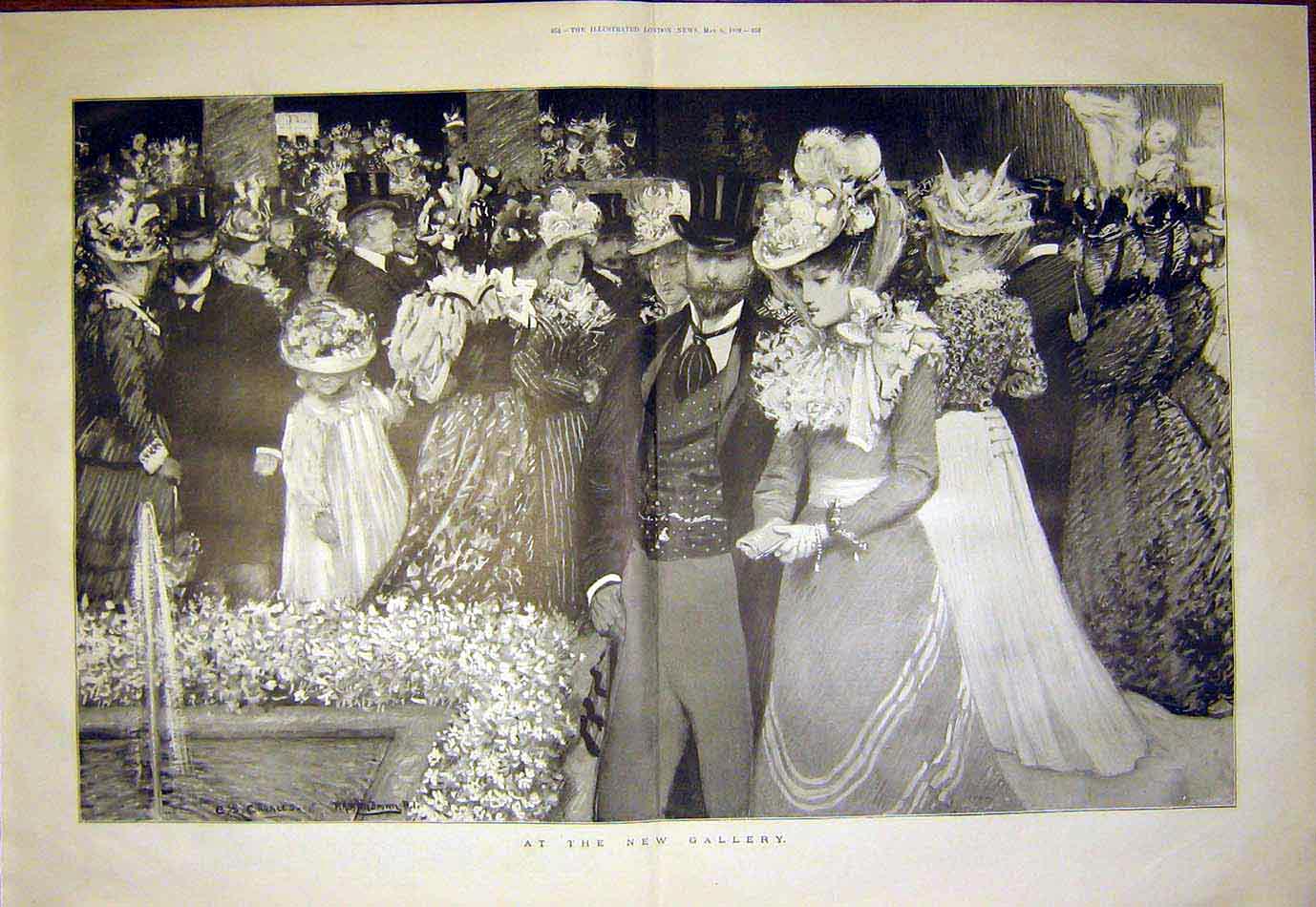 Original Old Antique Print Gallery Outing Ladies Gentlemen Fine Art 1899 19th