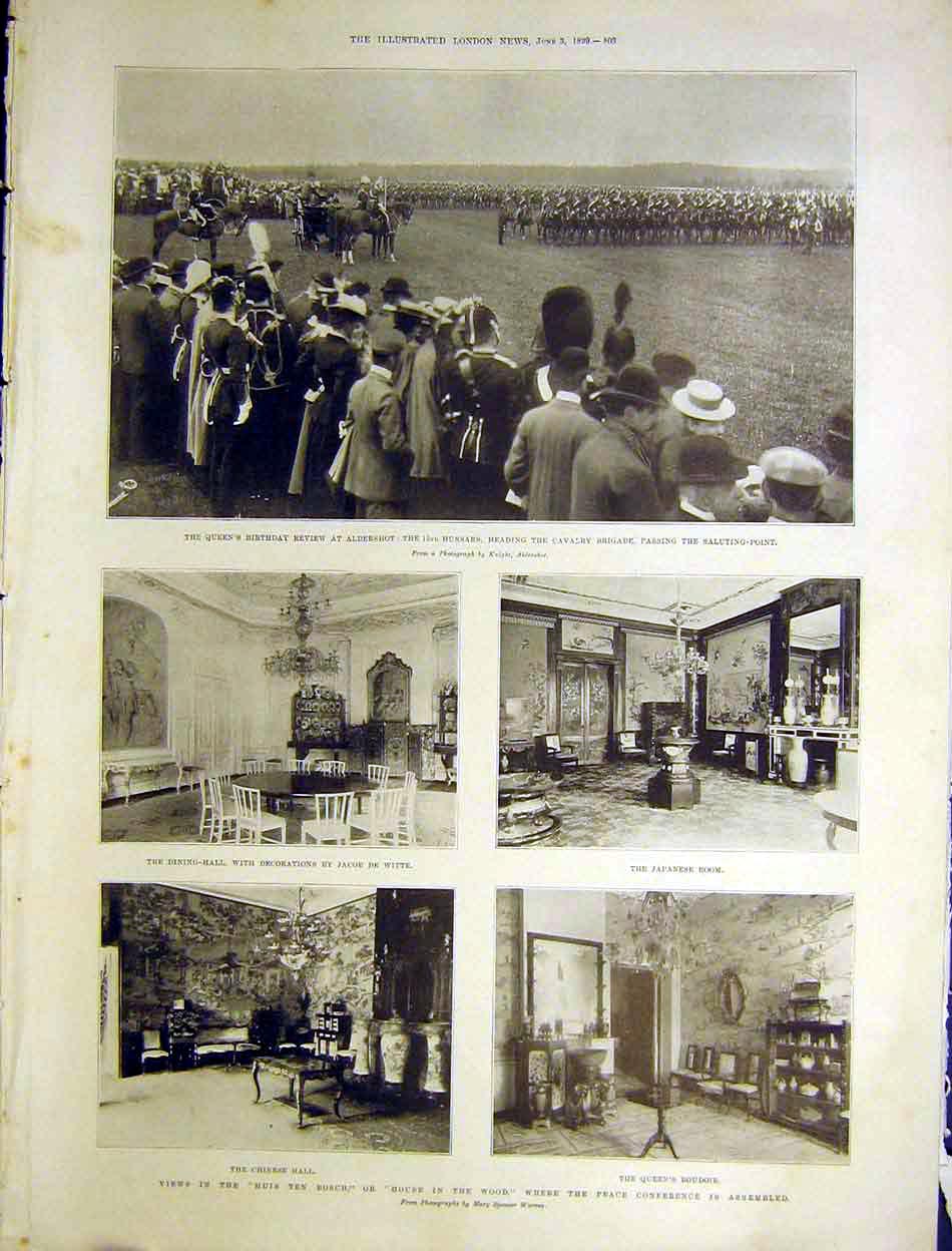 Original Old Antique Print Queen Aldershot Hussars Cavalry Peace Conference 1899