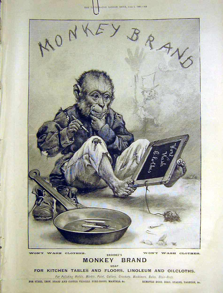 Original Old Antique Print Advert Monkey Brand Soap Polish Pan Steel Brass 1899