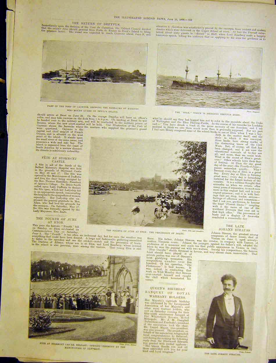 Original Old Antique Print Strauss Sfax Dreyfus Eton Boats Castle Belfast 1899