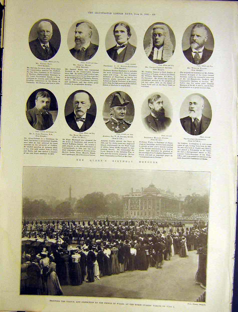 Old Antique Print Portrait Queen Birthday Honours Trooping Colour Guards