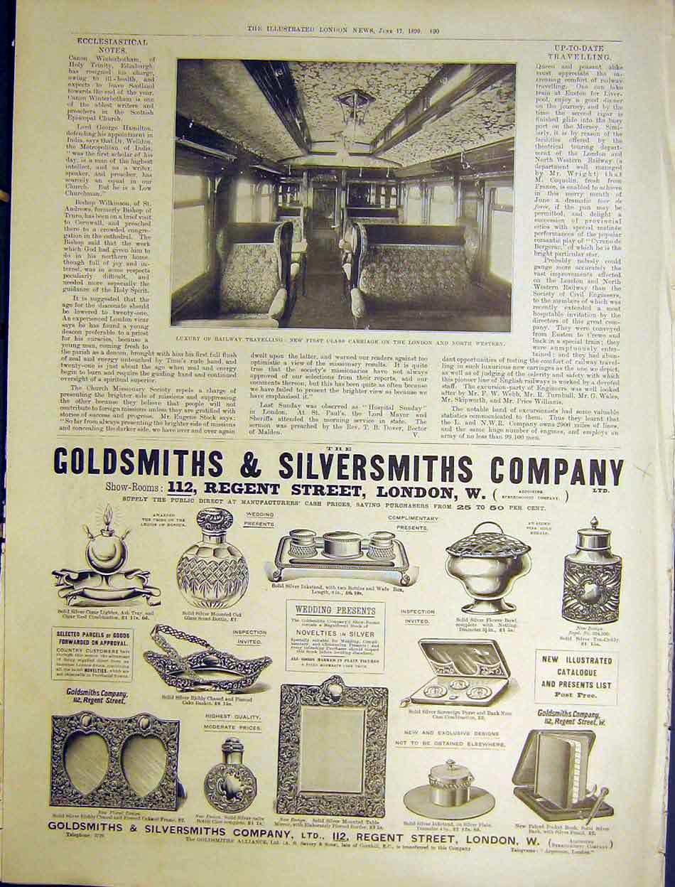 Original Old Antique Print Railway First Carriage Gsmiths Silversmiths 1899 19th