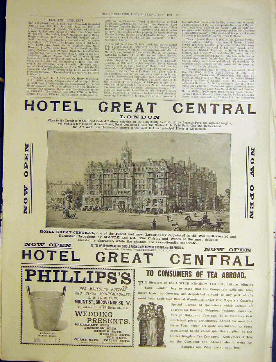 Old Antique Print Advert Hotel Central London Phillip'S Tea Company 1899 19th
