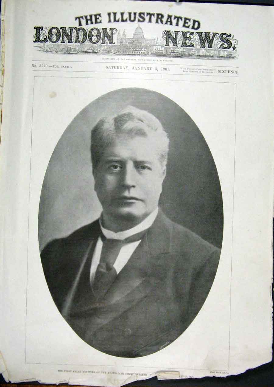 Original Old Antique Print Portrait Prime Minister Australia Barton 1901 20th