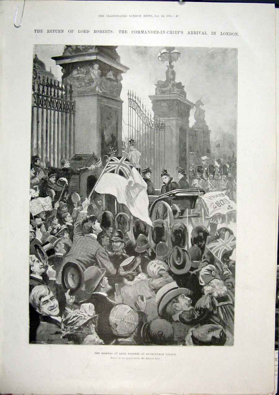 Original Old Antique Print Roberts London Buckingham Palace 1901 20th