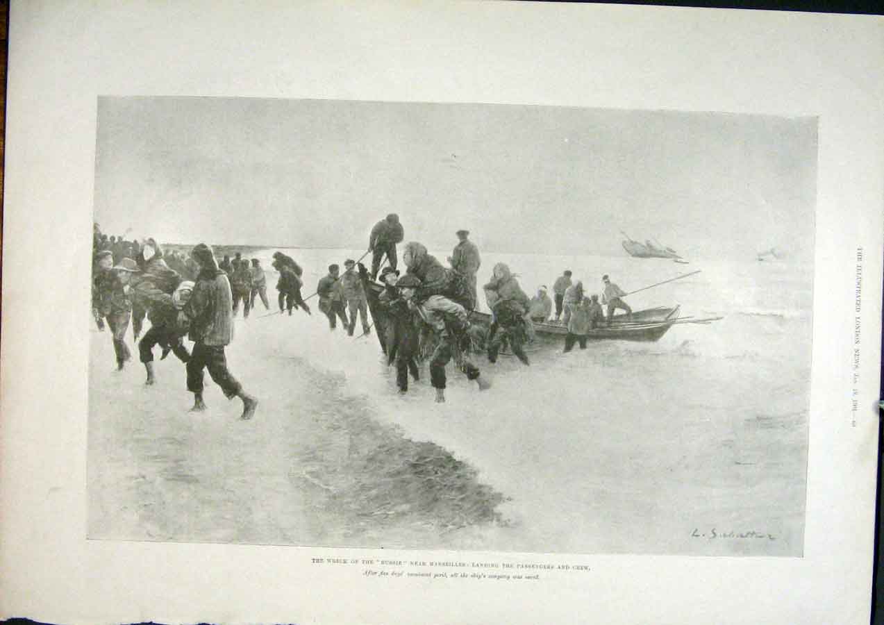 Original Old Antique Print Wreck Russie Marseilles Passengers Crew Ship 1901