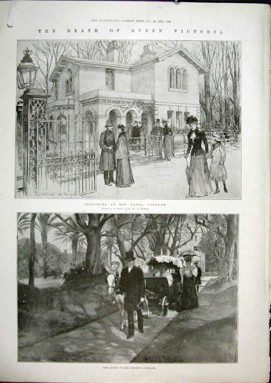 Old Antique Print Death Victoria Osborne Donkey Carriage Whippingham 1901 20th