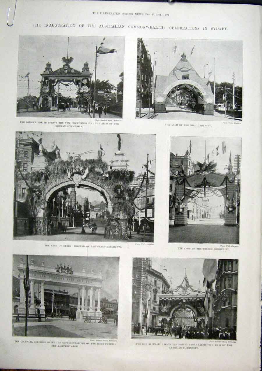 Old Antique Print Sydney Australia Celebrations Ceres Arch Commonwealth
