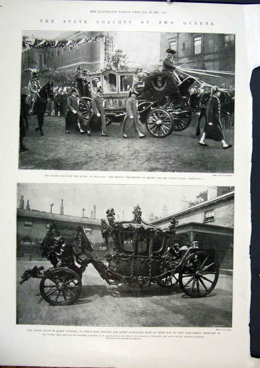 Old Antique Print State Coach Holland Groote Kerk Church Parliament 1901 20th