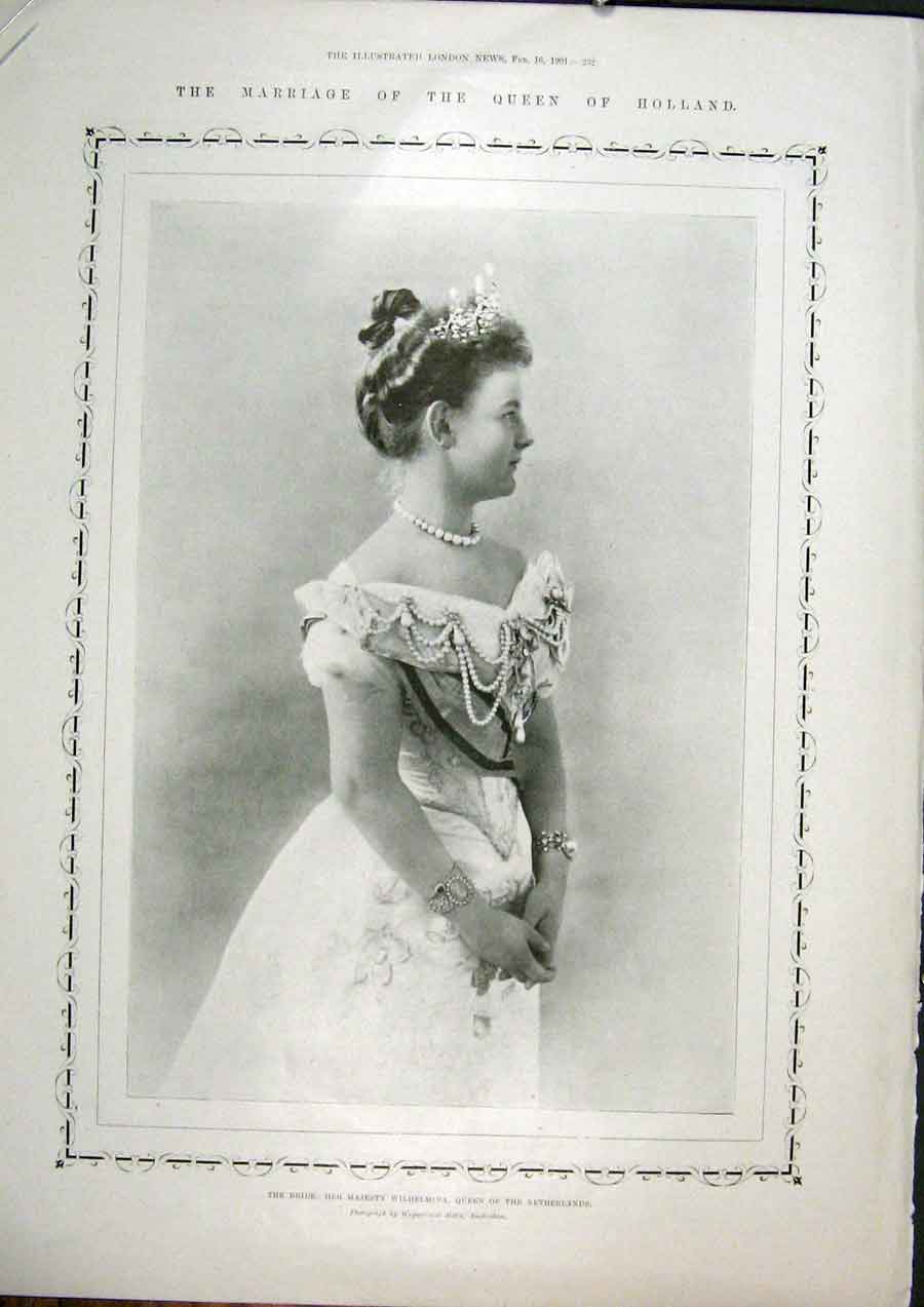 Original Old Antique Print Queen Holland Wilhelmina Netherlands Marriage 1901