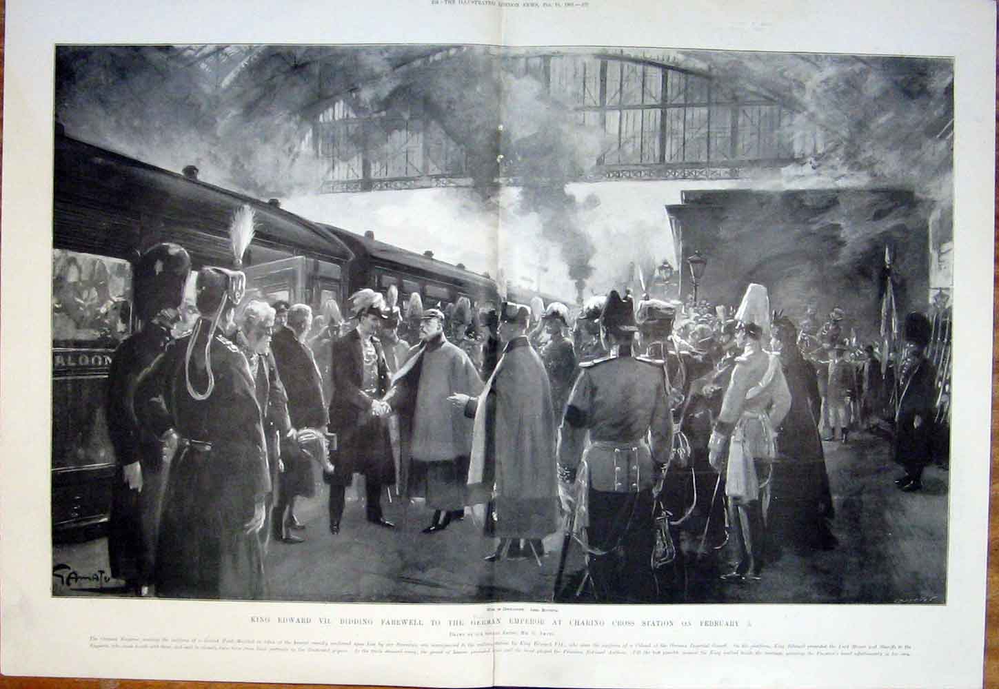 Original Old Antique Print Charing Cross Edward German Emperor Railway 1901