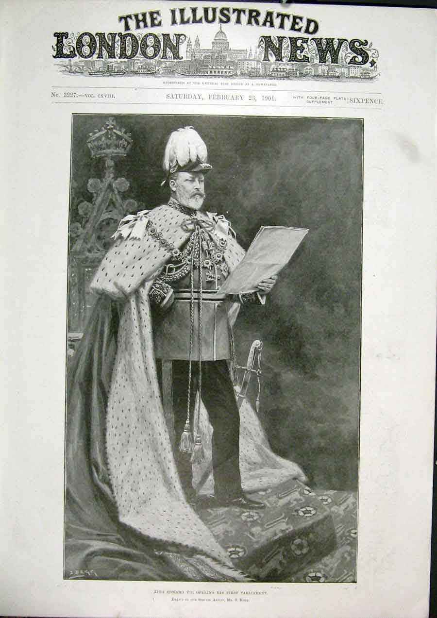 Original Old Antique Print King Edward Parliament London 1901 20th