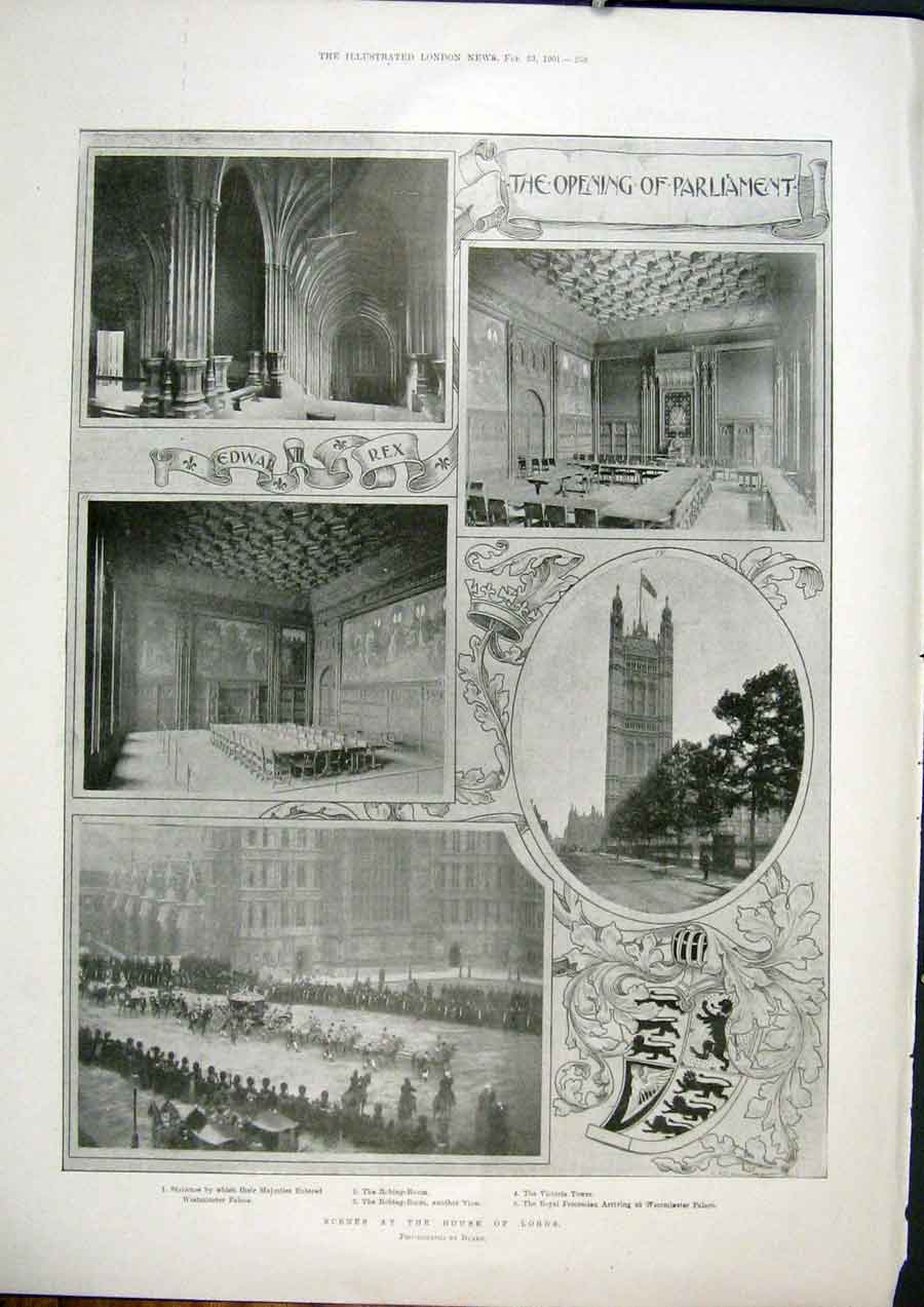 Original Old Antique Print House Lords Parliament Tower Westminster Palace 1901