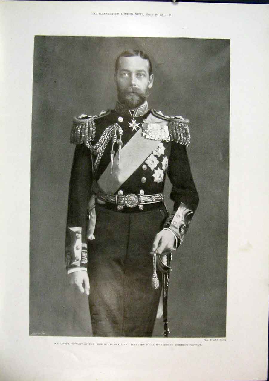 Original Old Antique Print Portrait Admiral Costume Cornwall York Duke 1901 20th