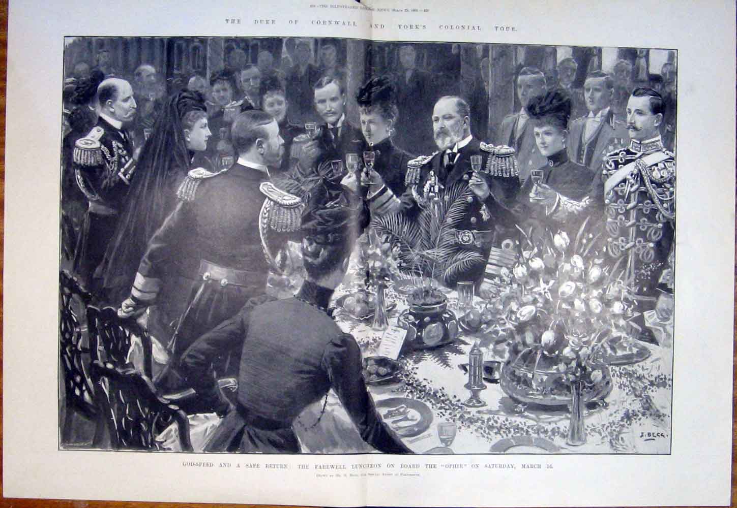 Original Old Antique Print Duke Cornwall York Ophir Ship Luncheon 1901 20th