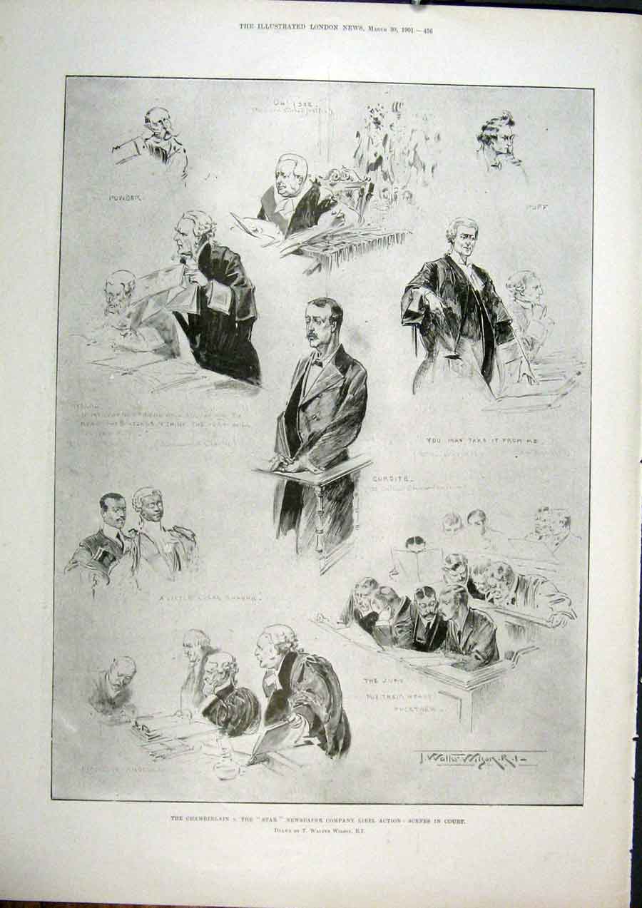 Original Old Antique Print Wilson Chamberlain Star Newspaper Court Sketches 1901