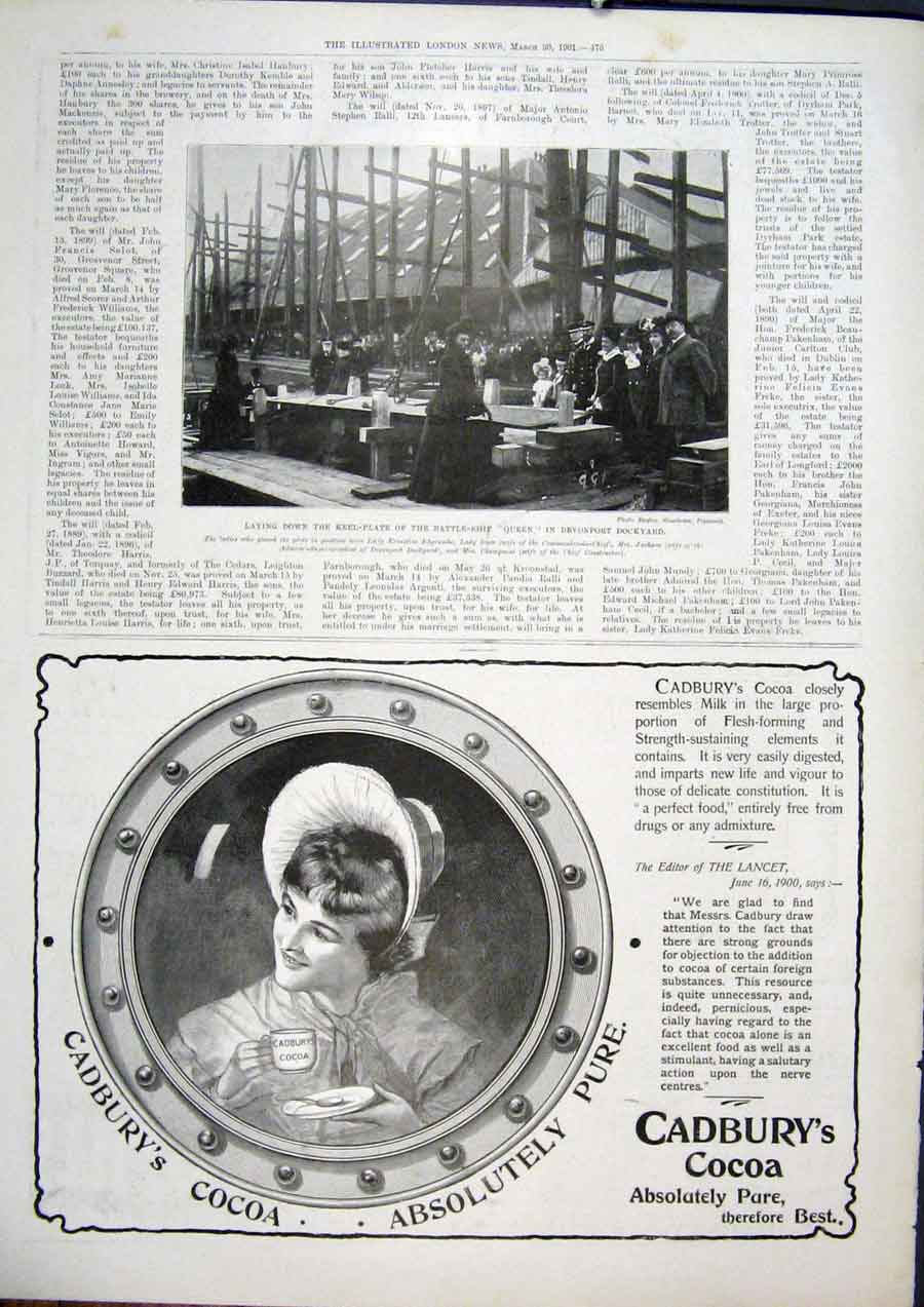Old Antique Print Keel Battle Ship Queen Devonport Advert Cadburys Cocoa