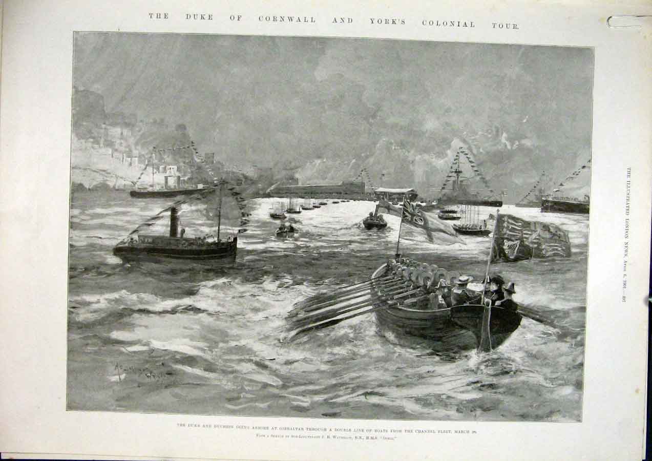 Original Old Antique Print Gibraltar Ceylon Colombo Suez Malta Duke Tour 1901