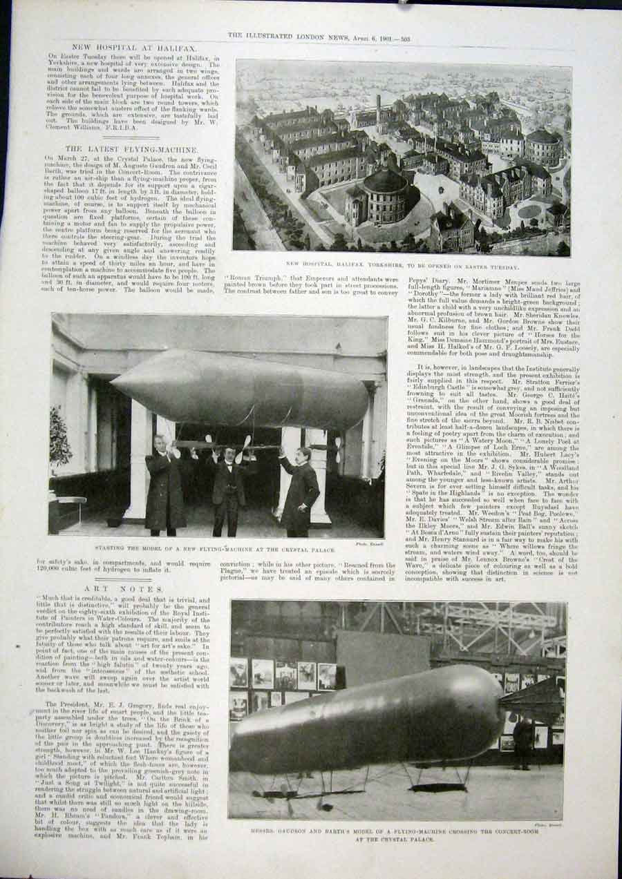 Original Old Antique Print Hospital Halifax Flying Machine Crystal Gaudron Barth