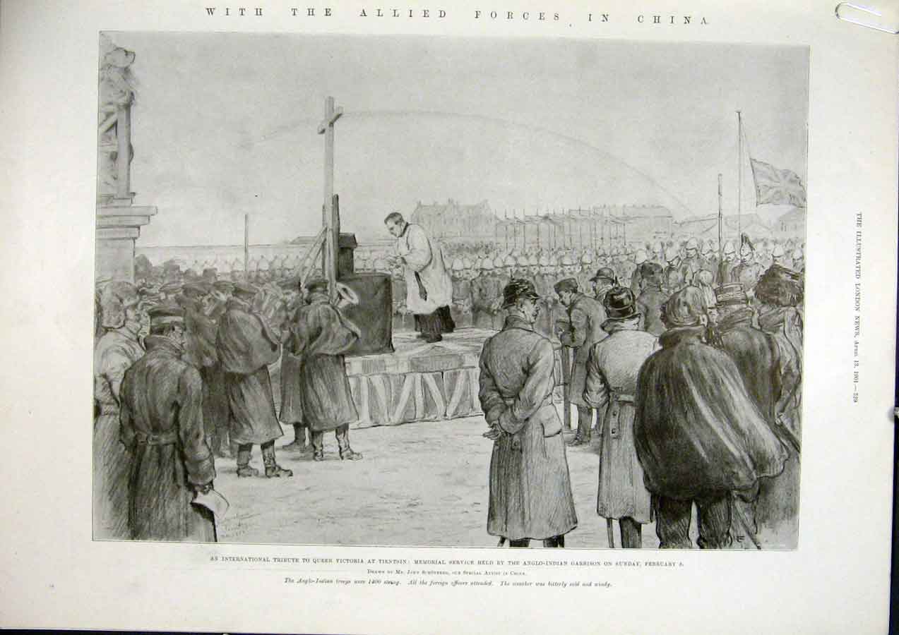 Old Antique Print Tientsin Memorial Service Anglo Indian Railway Temple