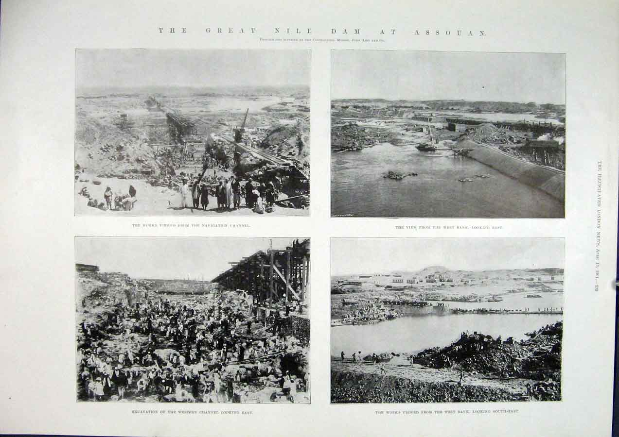 Original Old Antique Print Nile Africa Dam Assouan Egypt River 1901 Victorian