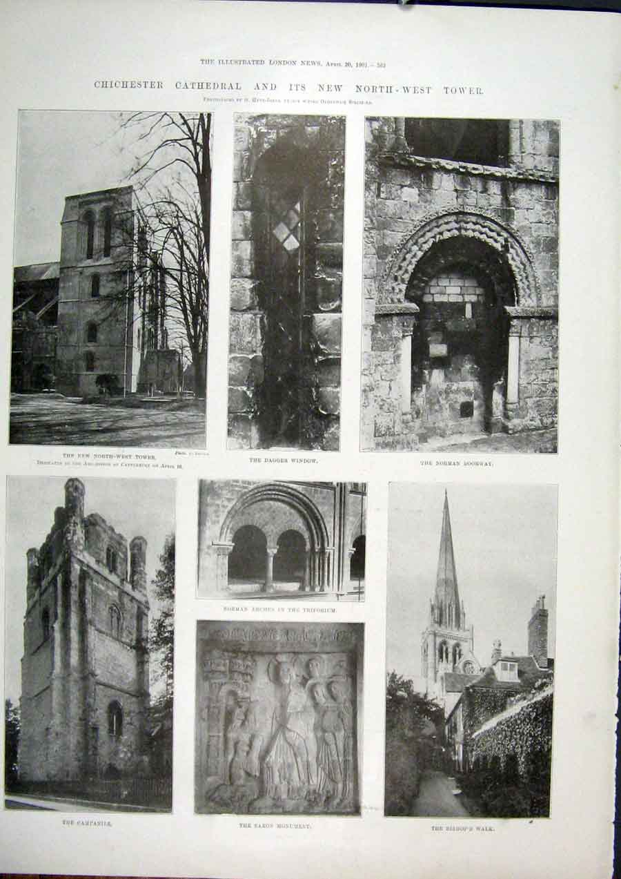 Original Old Antique Print Chichester Cathedral Tower Saxon Monument 1901 20th
