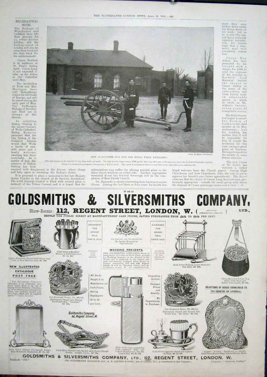 Original Old Antique Print Gun Field Artillery Gsmiths Jewellery 1901 Victorian