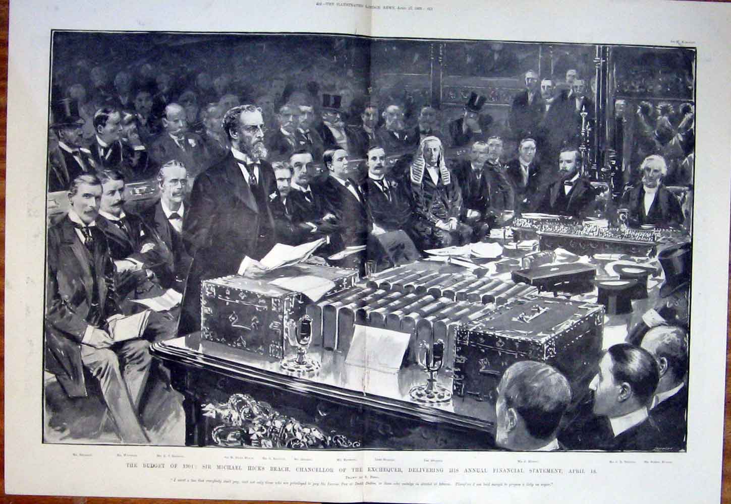 Original Old Antique Print Budget House Commons Beach Chancellor 1901 Victorian
