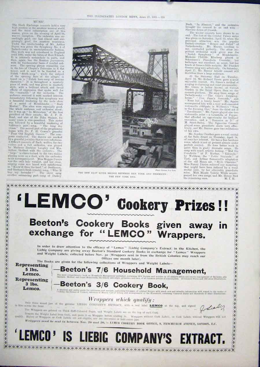 Original Old Antique Print Advert Lemco Beeton'S Cookery River Bridge New York