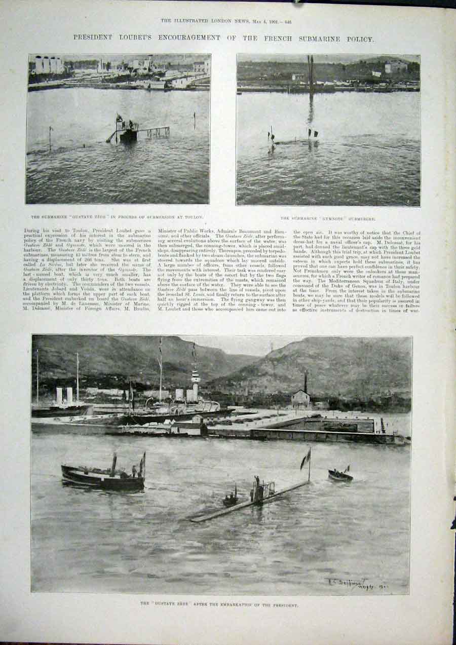 Original Old Antique Print Loubet Submarine Gustave Zede Gymnote Toulon 1901