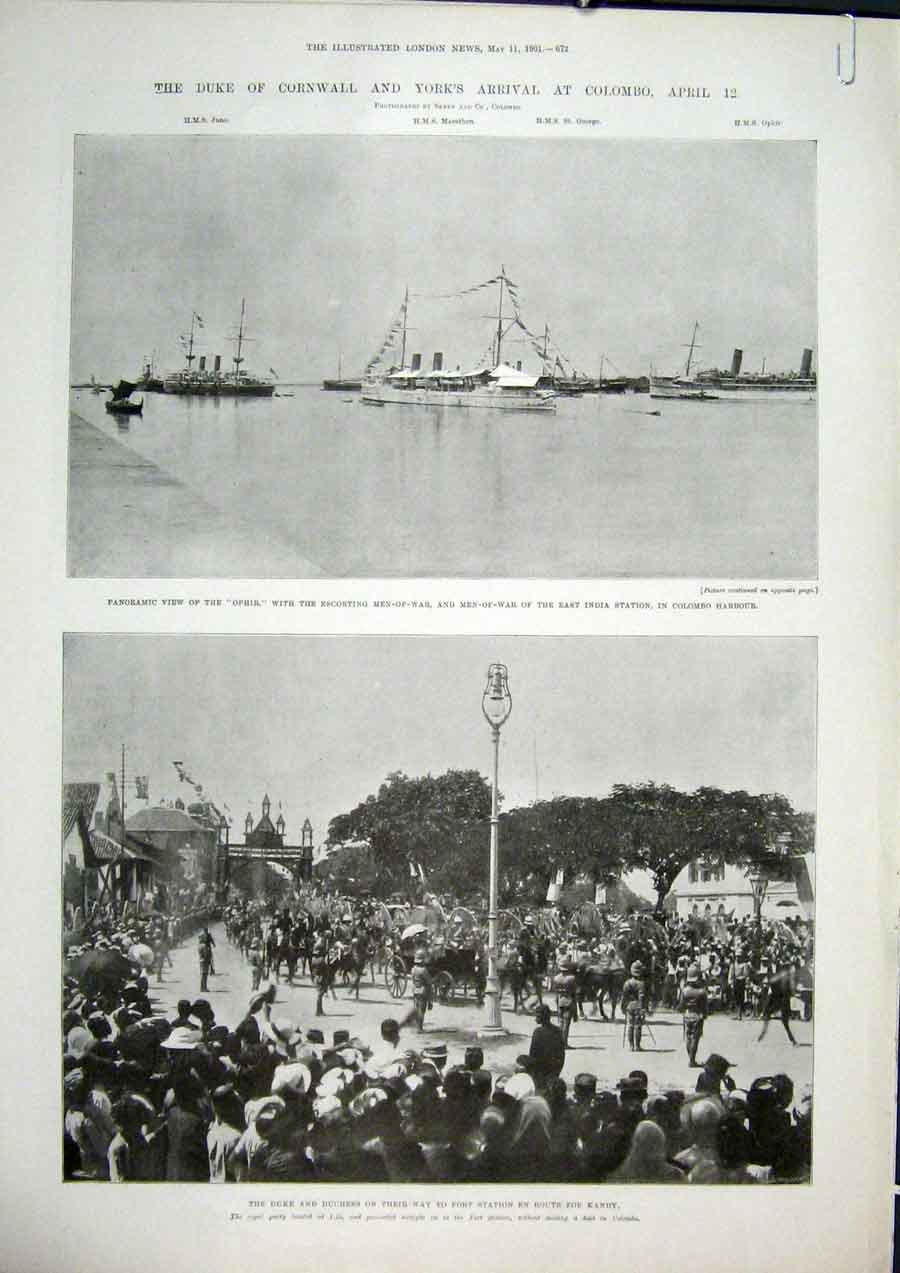 Original Old Antique Print Ophir Men-Of-War India Station Colombo Harbour Kandy