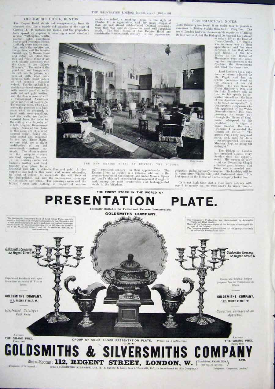 Original Old Antique Print Hotel Empire Buxton Advert Gsmiths Silversmiths 1901