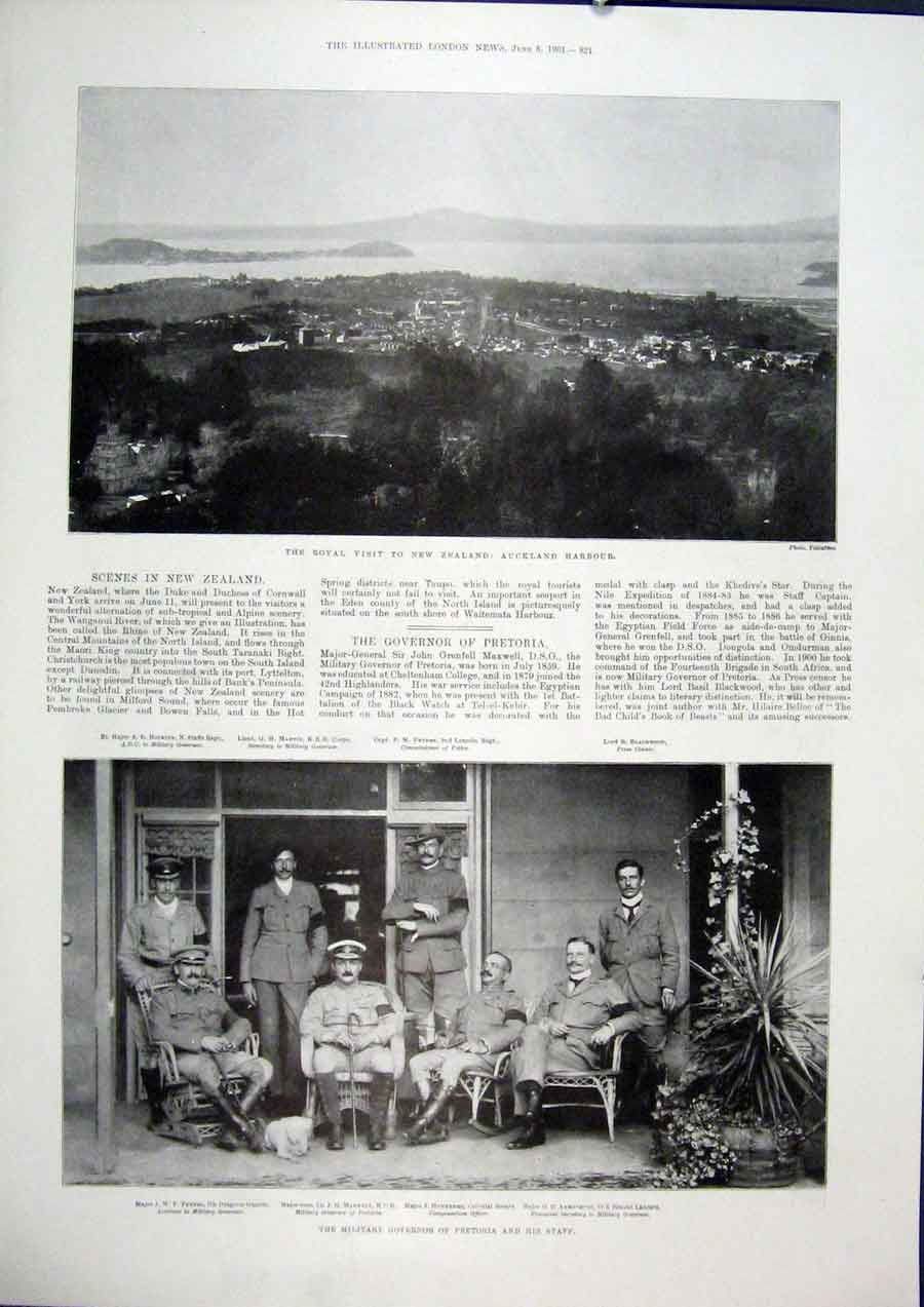 Old Antique Print Zealand Auckland Harbour Pretoria Africa Governor 1901 20th