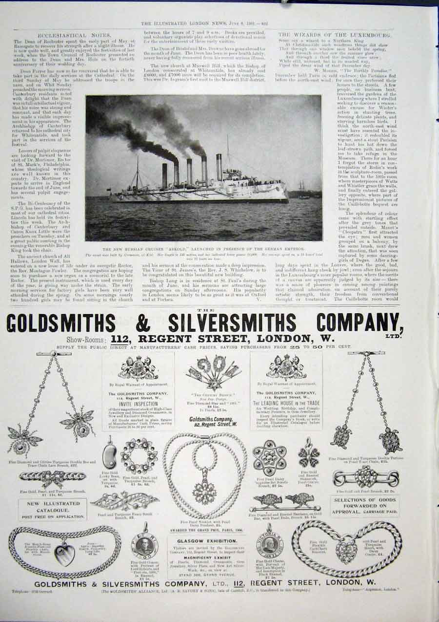 Original Old Antique Print AskCruiser Ship Gsmiths Silversmiths Necklace