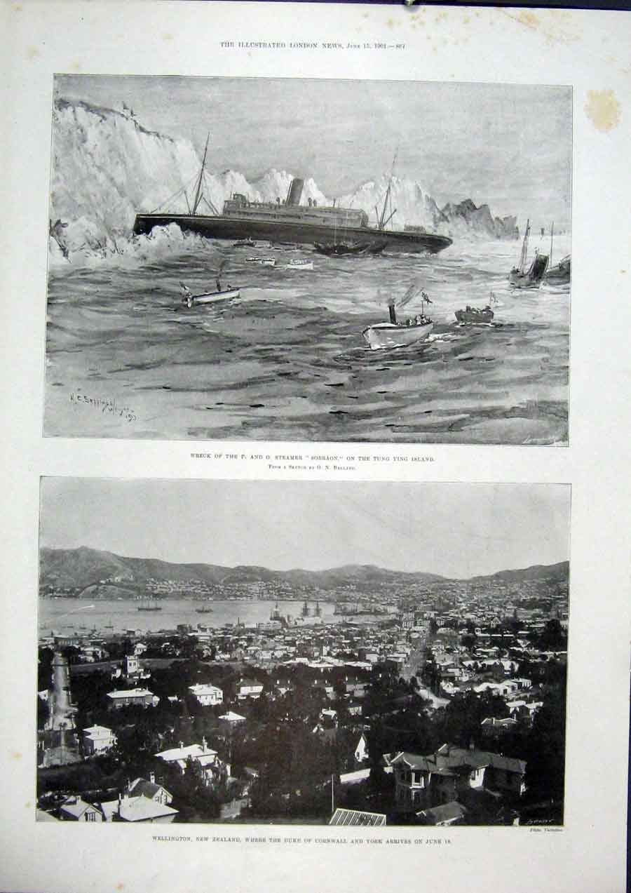 Original Old Antique Print Wreck Sobraon Tung Ying Wellington Zealand Cornwall